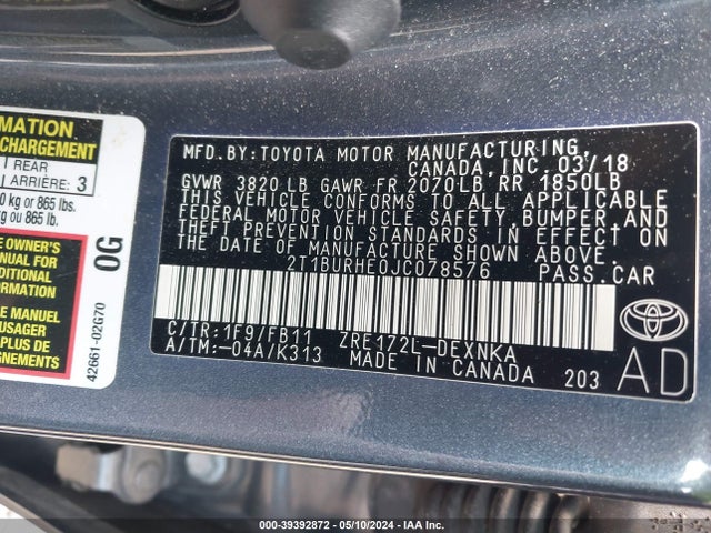 Toyota COROLLA LE 2018 2T1BURHE0JC078576 Image 9