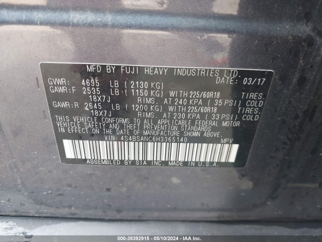 Subaru Outback 2.5i Limited 2017 4S4BSANC6H3365140 Image 9