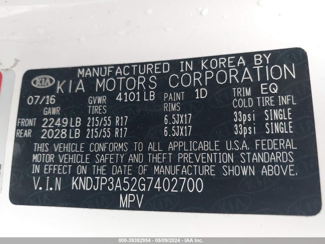 KIA SOUL + 2016 KNDJP3A52G7402700 Image 9