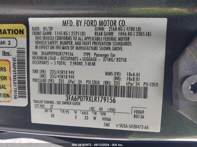 Ford FUSION SE 2020 3FA6P0T9XLR179156 Image 9