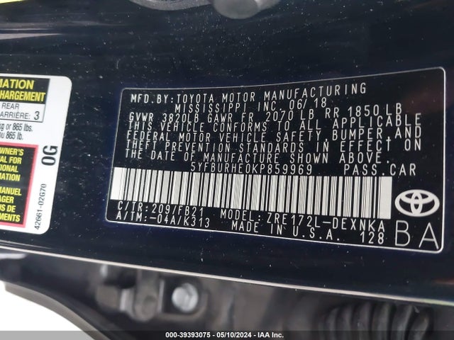 Toyota COROLLA LE 2019 5YFBURHE0KP859969 Image 9