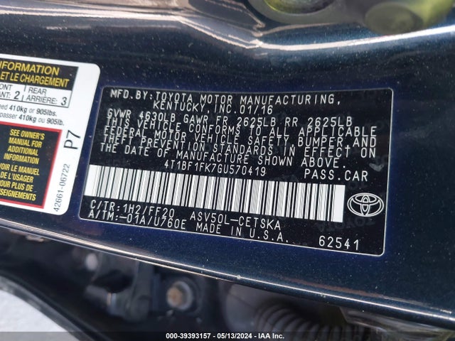 Toyota CAMRY SE 2016 4T1BF1FK7GU570419 Image 9