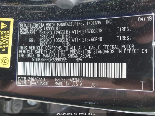 Toyota Highlander Le Plus 2019 5TDBZRFH9KS990355 Image 9