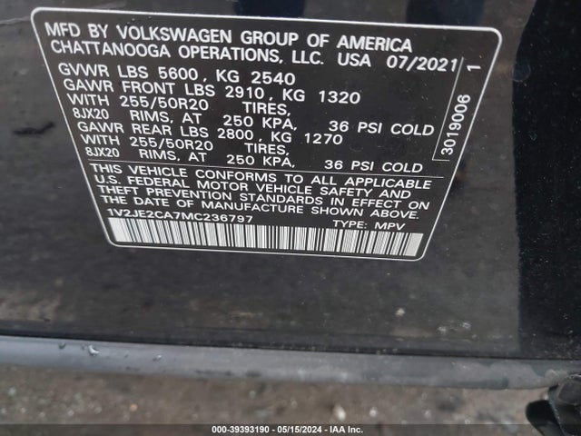 1V2JE2CA7MC236797 Volkswagen Atlas Cross Sport 3.6l V6 Se W/technology