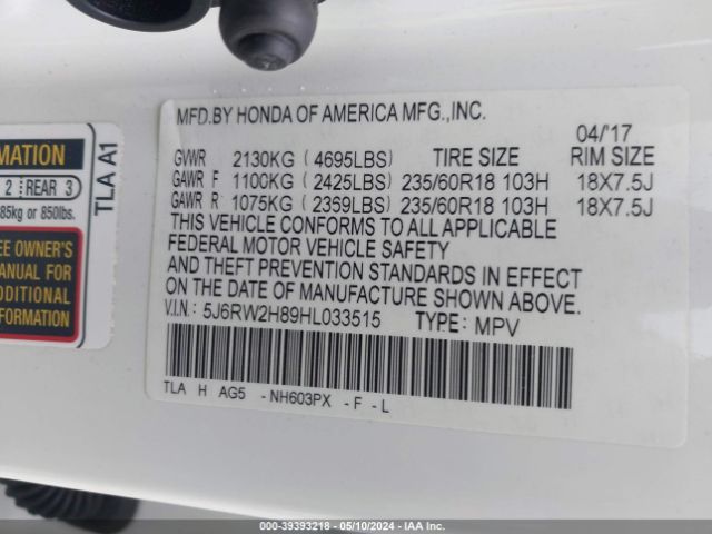 5J6RW2H89HL033515 Honda Cr-v Ex-l/ex-l Navi
