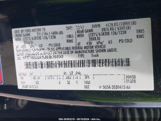 Ford F-250 Lariat 2018 1FT7W2B65JEB35599 Image 9