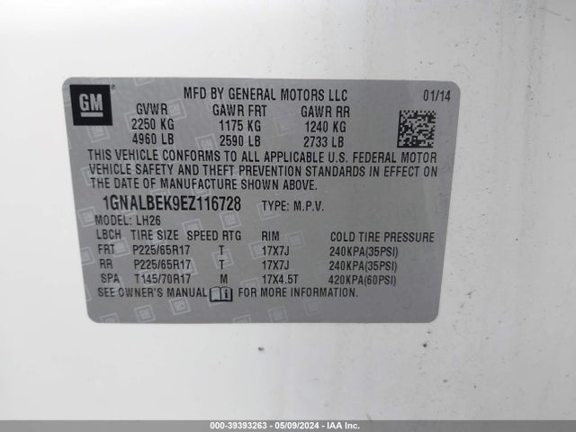 Chevrolet EQUINOX 1LT 2014 1GNALBEK9EZ116728 Image 9
