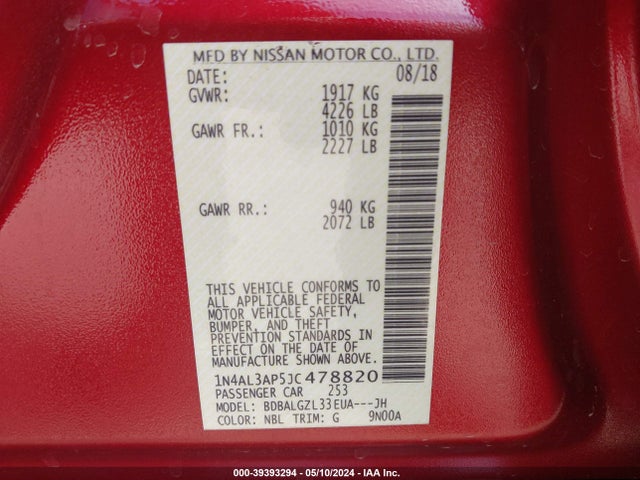 Nissan Altima 2.5 S 2018 1N4AL3AP5JC478820 Image 9