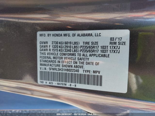 5FNRL5H31HB022340 Honda ODYSSEY SE