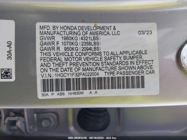 Honda ACCORD EX 2023 1HGCY1F32PA022004 Image 9