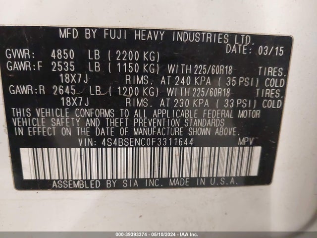 Subaru Outback 3.6r Limited 2015 4S4BSENC0F3311644 Image 9