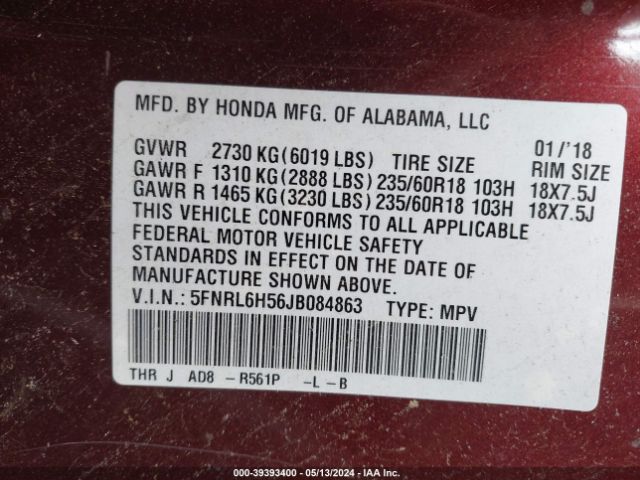 5FNRL6H56JB084863 Honda ODYSSEY EX