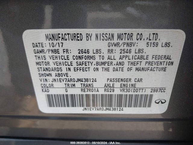 JN1EV7AR0JM438124 Infiniti Q50 3.0t Luxe
