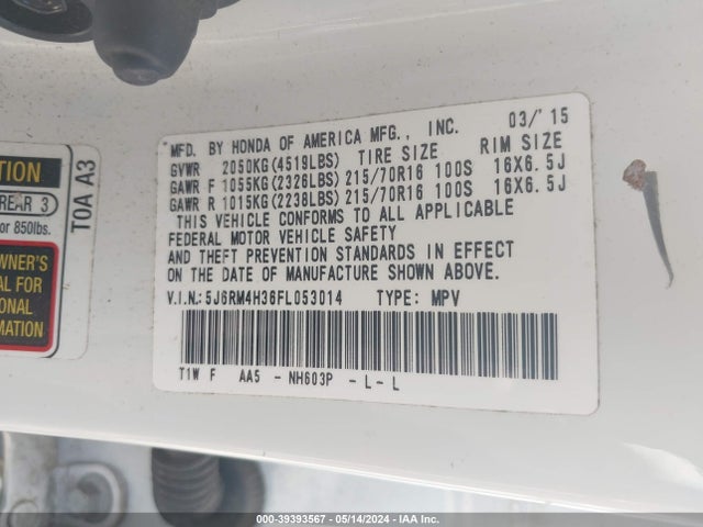 Honda CR-V LX 2015 5J6RM4H36FL053014 Image 9