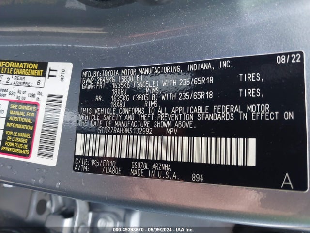 5TDZZRAH9NS132992 Toyota Highlander Le