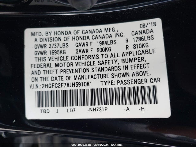 Honda CIVIC EX 2018 2HGFC2F78JH591081 Image 9
