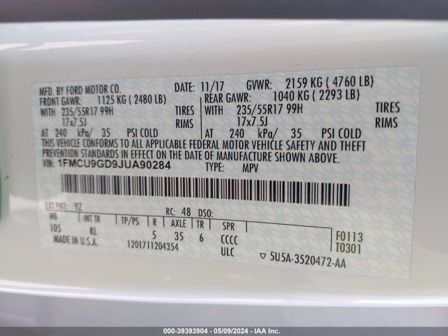 Ford ESCAPE SE 2018 1FMCU9GD9JUA90284 Image 9