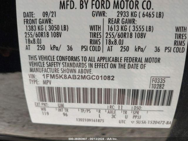 1FM5K8AB2MGC01082 Ford Police Interceptor Utility