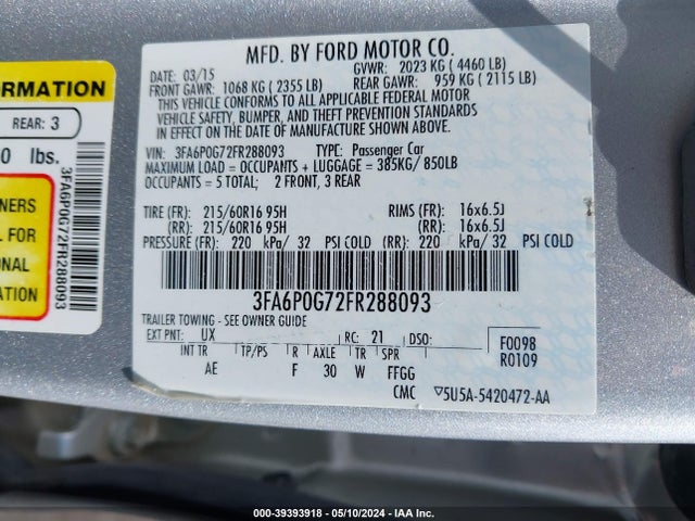 Ford FUSION S 2015 3FA6P0G72FR288093 Image 9