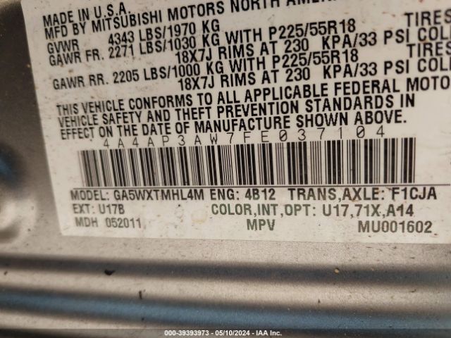 4A4AP3AW7FE037104 Mitsubishi Outlander Sport Es