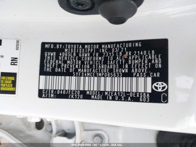 Toyota COROLLA SE 2021 5YFS4MCE1MP085633 Image 9