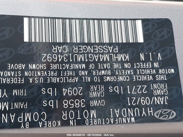 Hyundai ELANTRA SEL 2021 KMHLM4AG1MU134692 Image 9