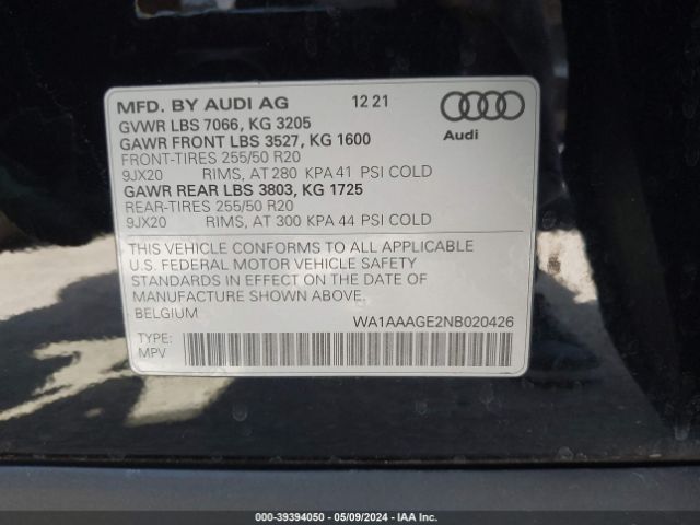 WA1AAAGE2NB020426 Audi E-tron Premium Quattro
