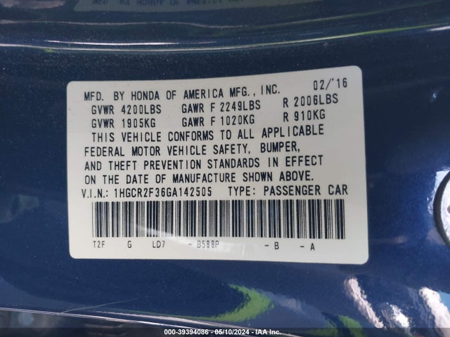 Honda ACCORD LX 2016 1HGCR2F36GA142505 Image 9