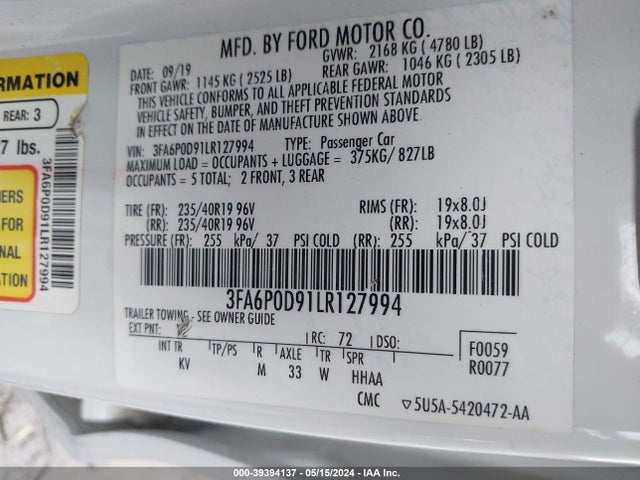Ford Fusion Titanium 2020 3FA6P0D91LR127994 Image 9