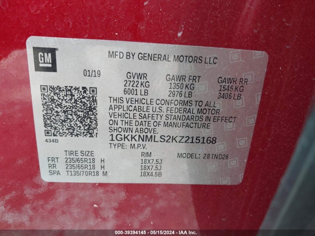 GMC Acadia Slt-1 2019 1GKKNMLS2KZ215168 Image 9