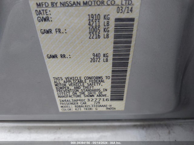 Nissan Altima 2.5 S 2014 1N4AL3AP4EC327716 Image 9
