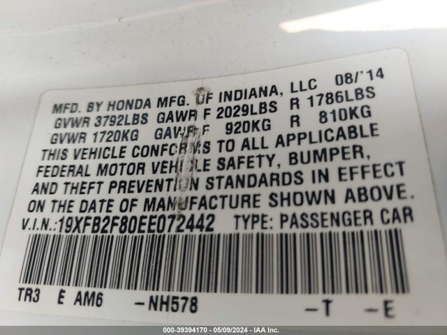 Honda CIVIC EX 2014 19XFB2F80EE072442 Image 9