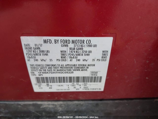 Ford EXPLORER XLT 2017 1FM5K7DH7HGC05225 Image 9