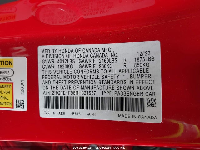 Honda Civic Touring 2024 2HGFE1F96RH321557 Image 9
