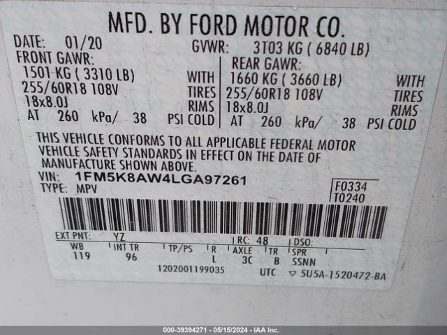 1FM5K8AW4LGA97261 Ford Police Interceptor Utility