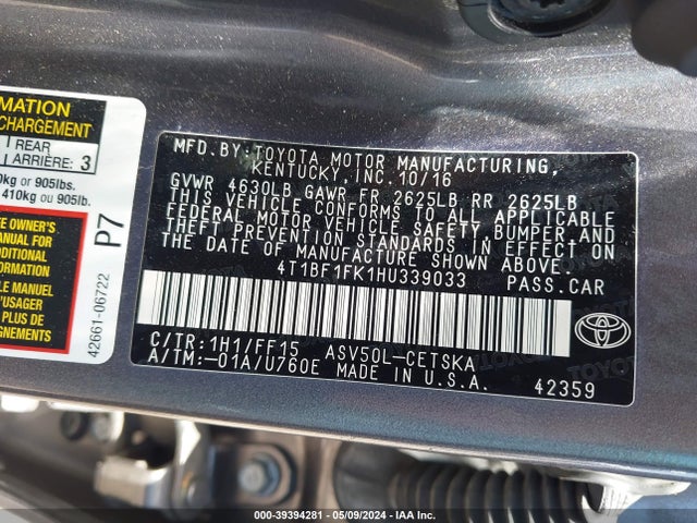 Toyota CAMRY SE 2017 4T1BF1FK1HU339033 Image 9