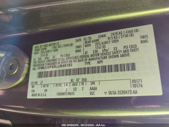 1FMCU0F65LUB48182 Ford ESCAPE S