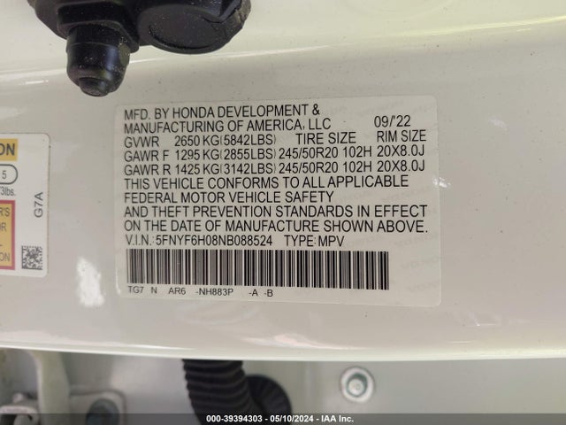 Honda Pilot Awd Elite 2022 5FNYF6H08NB088524 Image 9
