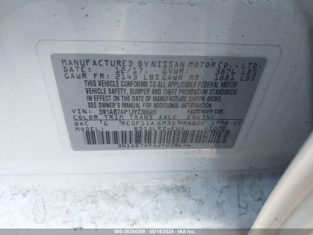 Nissan SENTRA SR 2018 3N1AB7AP1JY238646 Image 9