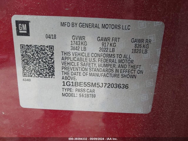 Chevrolet Cruze Lt Auto 2018 1G1BE5SM5J7203636 Image 9