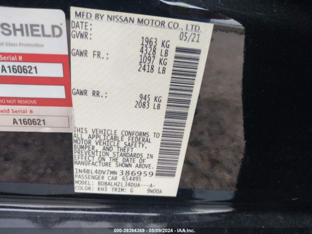 1N4BL4DV7MN386959 Nissan Altima Sv Fwd