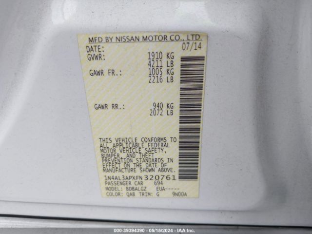1N4AL3APXFN320761 Nissan Altima 2.5/2.5 S/2.5 Sl/2.5 Sv