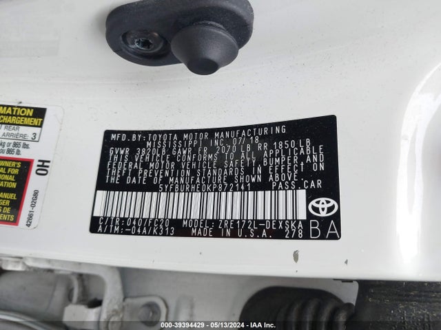 Toyota COROLLA SE 2019 5YFBURHE0KP872141 Image 9