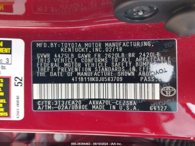 4T1B11HK0JU583709 Toyota CAMRY SE