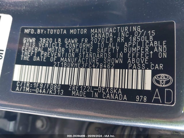 Toyota Corolla S Plus 2015 2T1BURHE3FC478462 Image 9