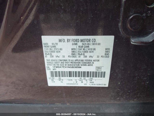 Ford Explorer Limited 2022 1FMSK7FH1NGB38584 Image 9