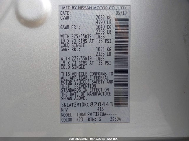 Nissan Rogue Sl 2019 5N1AT2MT0KC820443 Image 9