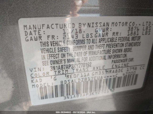 Nissan SENTRA SV 2019 3N1AB7AP3KY270192 Image 9