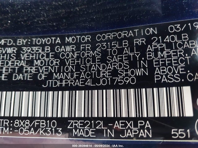 Toyota COROLLA LE 2020 JTDHPRAE4LJ017590 Image 9