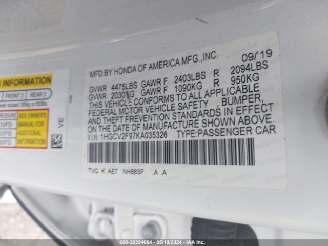 1HGCV2F97KA035326 Honda Accord Touring 2.0t